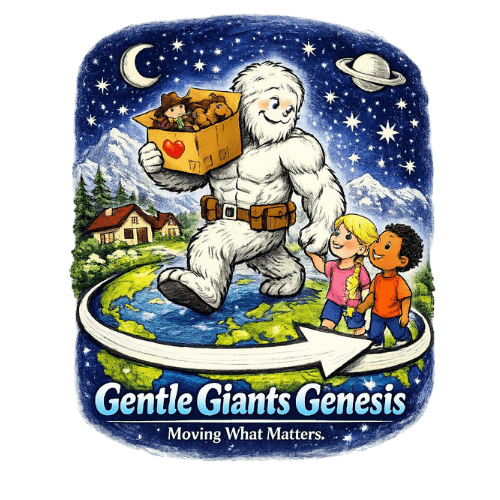 Draugiškas baltas milžinas eina aplink Žemę, laikydamas dėžę su vaikais ir šuniuku, o du vaikai šalia laiko jį už rankos; apačioje užrašas ‚Gentle Giants Genesis – Moving What Matters