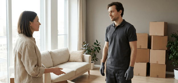 Professional mover calmly discussing a home relocation with a client in a modern, sunlit apartment.