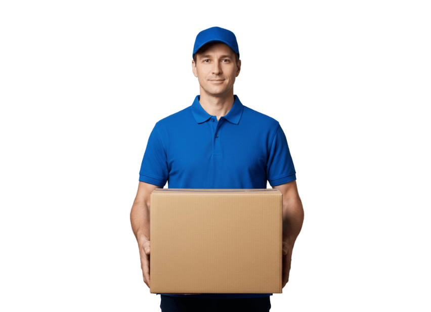 Professional mover in a blue uniform holding a plain cardboard box.