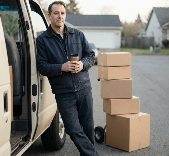 Professional mover standing beside a moving van with neatly stacked boxes, taking a calm pause during a residential move.